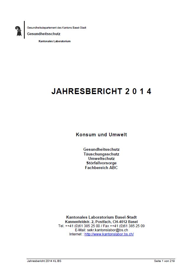 Die Titelseite des Jahresberichts des Kantonalen Laboratoriums Basel-Stadt für 2014