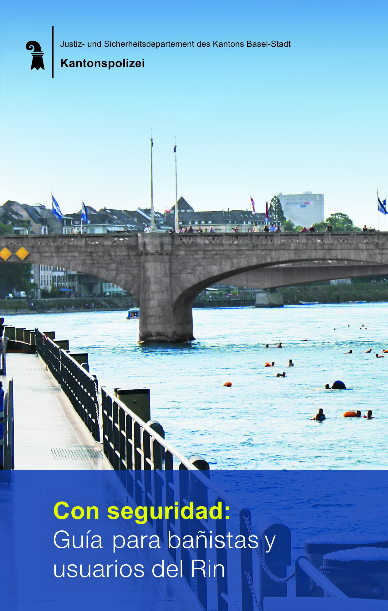 Cover Publikation: Menschen schwimmen im Bereich der Mittleren Rheinbrücke mit ihren Schwimmsäcken durch Basel.