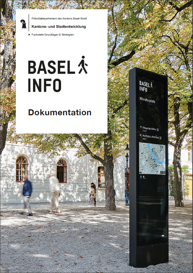 Münsterplatz mit Basel Info Stehle. Links oben im Eck des Bildes stehen die Herausgeber und der Titel in einem weissen Rechteck geschrieben.